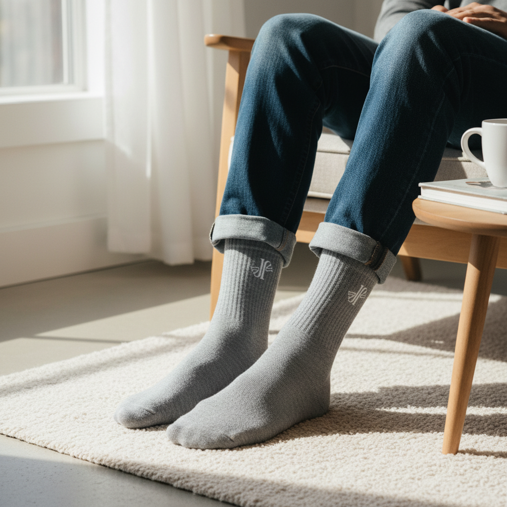 Detalle de pies con calcetines gris jaspeado