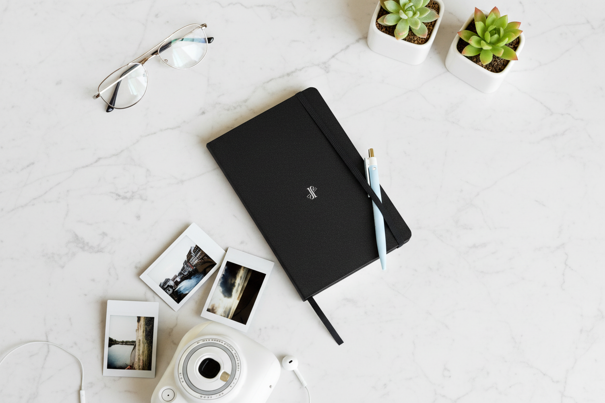 Flat lay cuaderno JVJ Brand