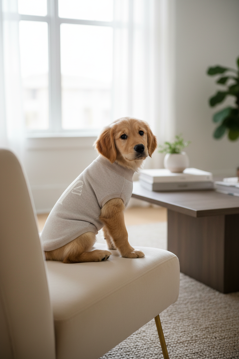 Mascota con jersey en sofá moderno