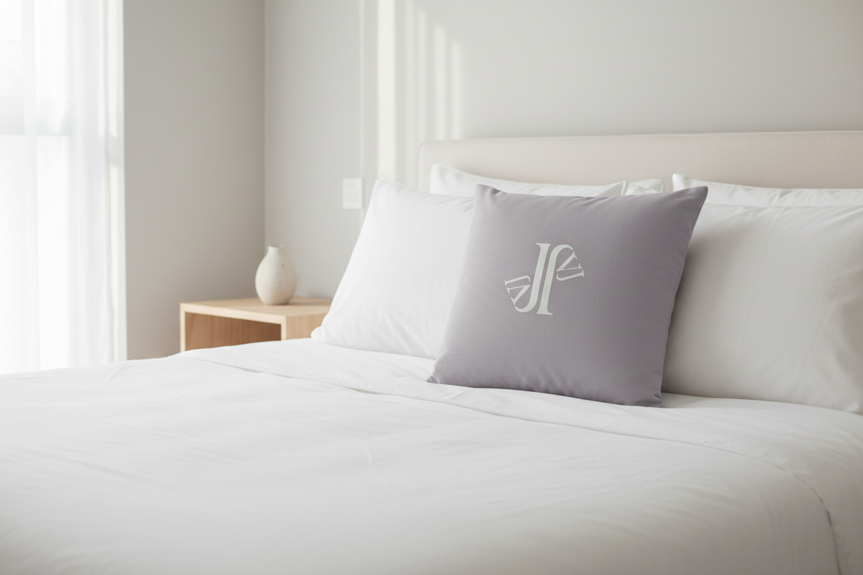 Mockup almohada gris JVJ Brand en cama