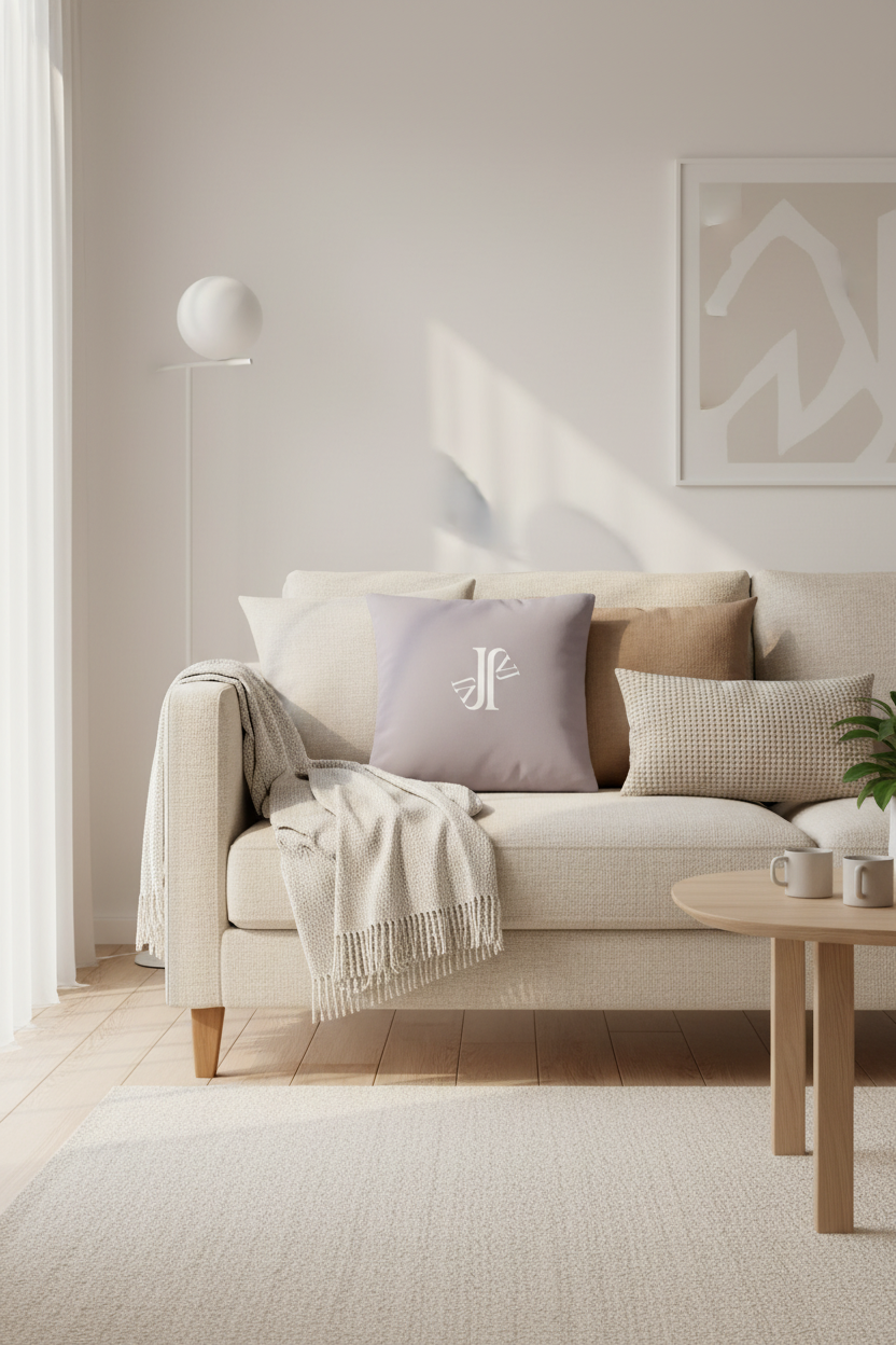 Mockup almohada gris JVJ Brand en sofá