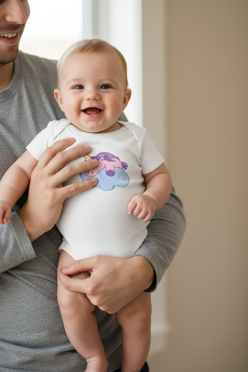 Mockup bebé en brazos del padre body JVJ BRAND