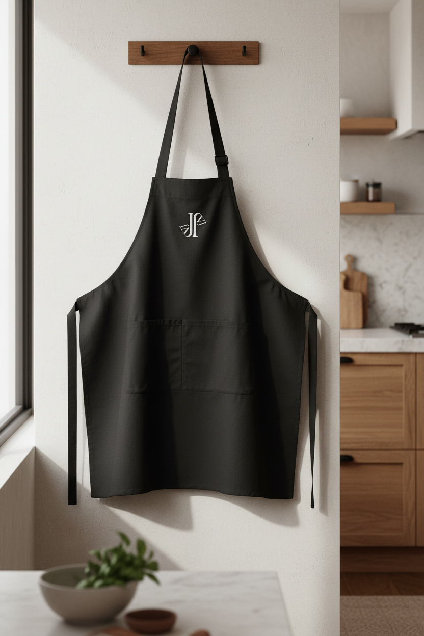 Mockup delantal negro colgado JVJ Brand