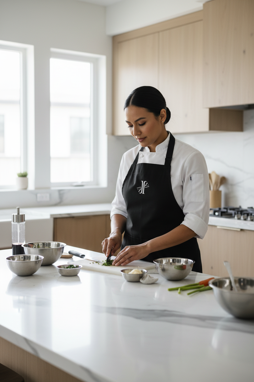Mockup delantal negro JVJ Brand en cocina