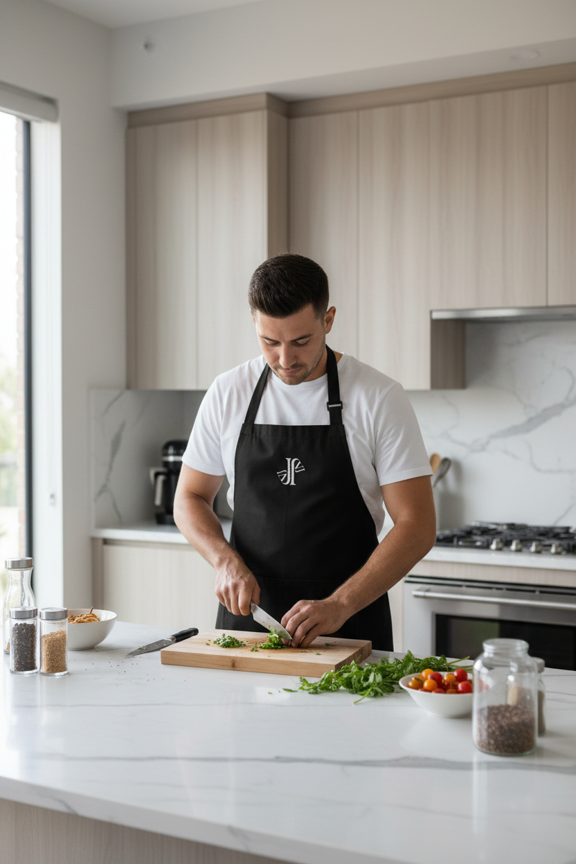 Mockup delantal premium JVJ Brand en cocina