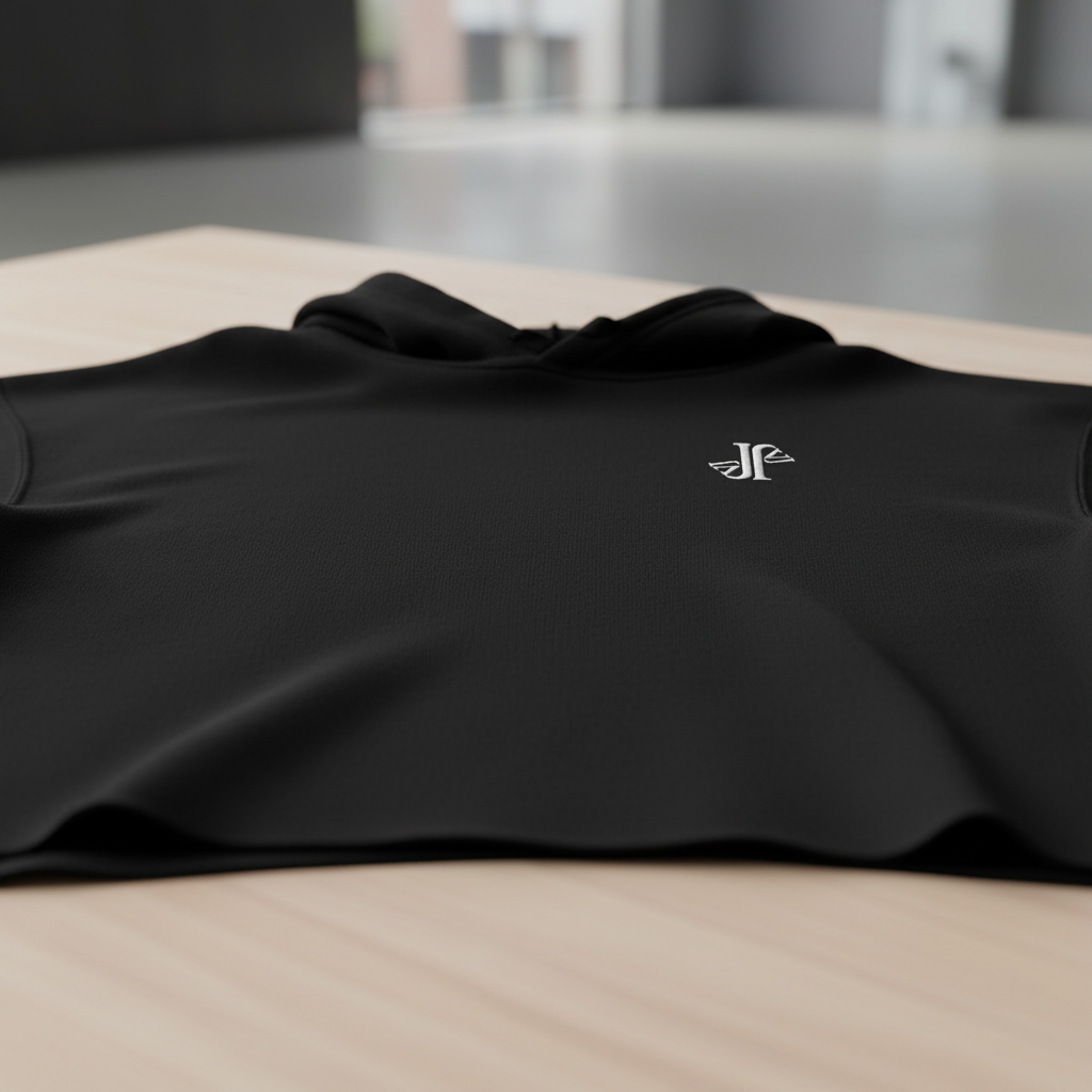 Mockup detalle crop hoodie con logo JVJ