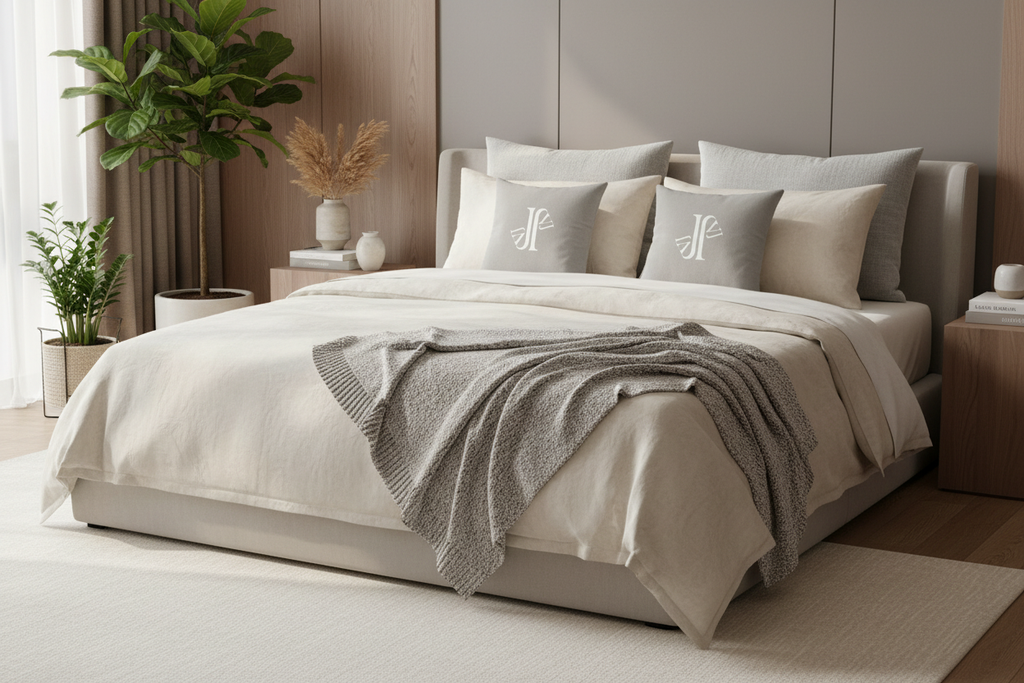 Mockup dormitorio luxury almohada gris JVJ Brand