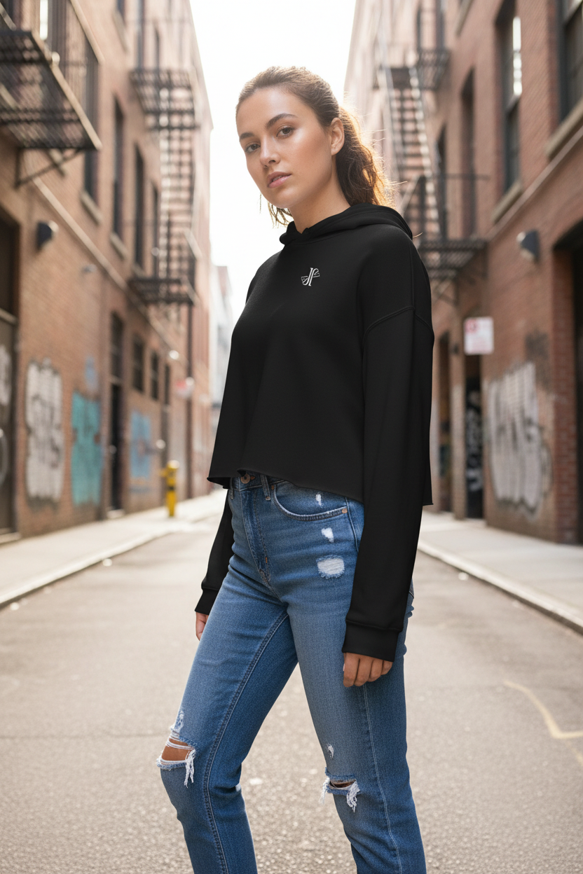 Mockup lifestyle crop hoodie con logo JVJ