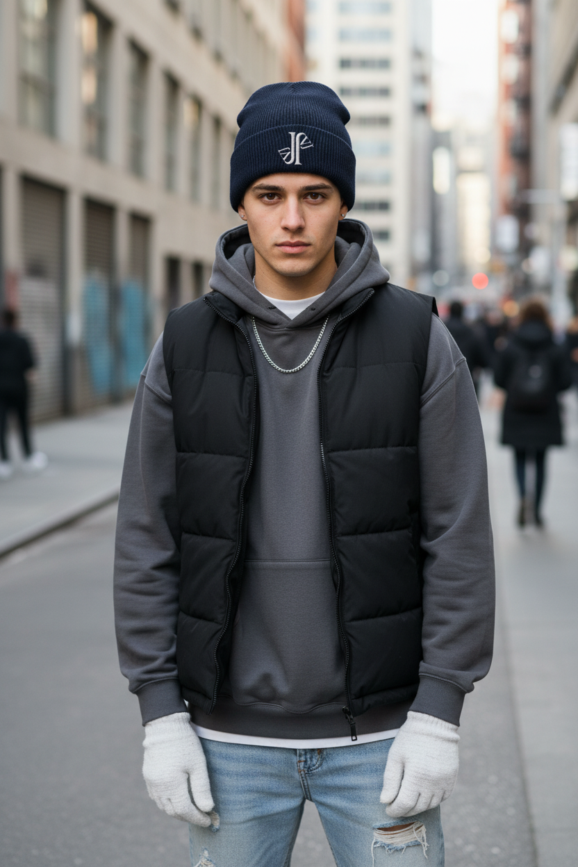 Mockup lifestyle gorro azul con logo JVJ