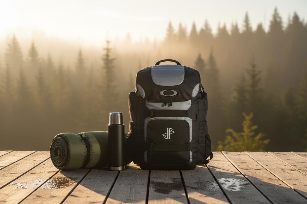 Mockup mochila - Cabaña al amanecer