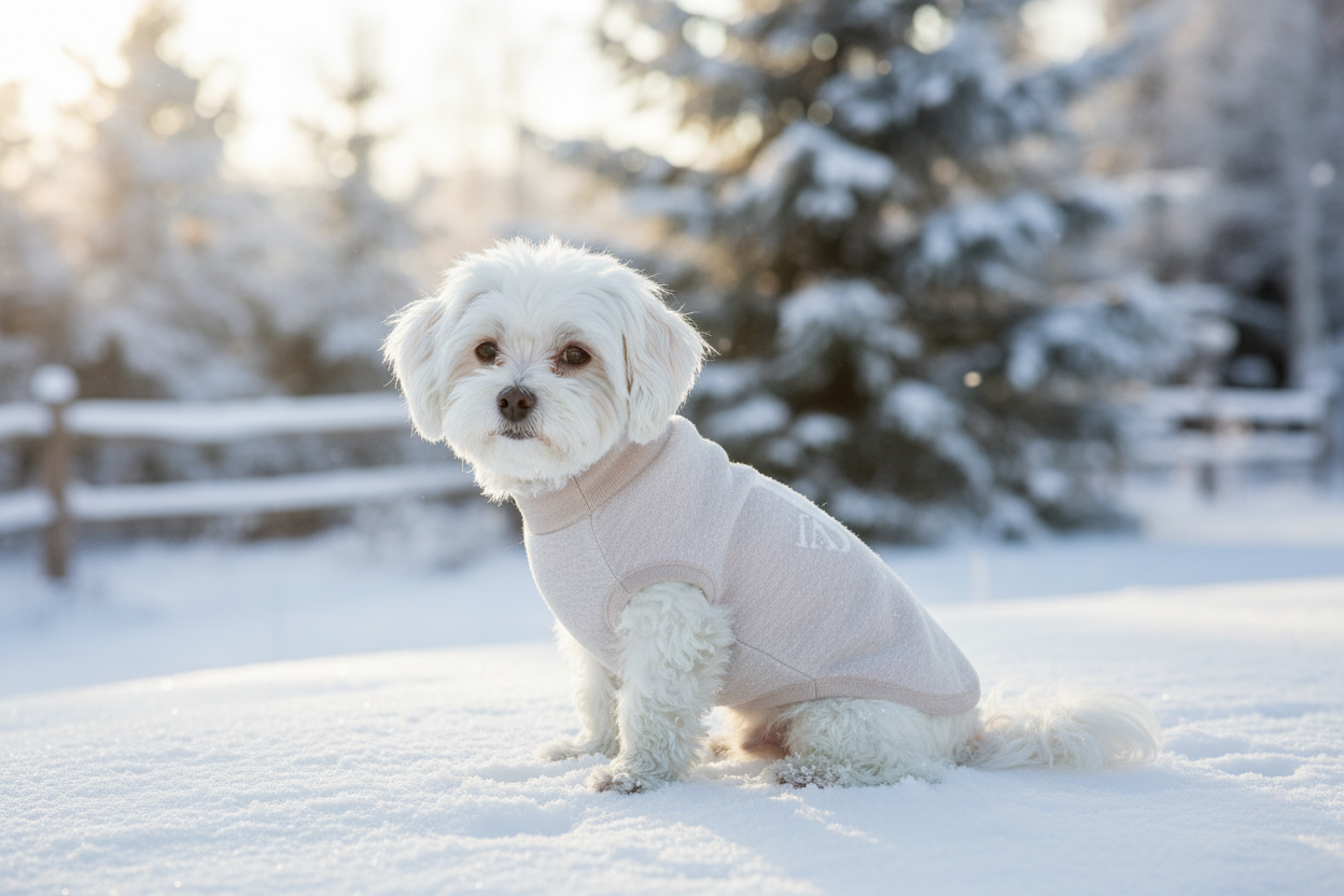 Perro con jersey en escena de invierno