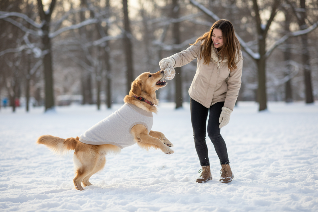 Perro con jersey jugando en parque invernal
