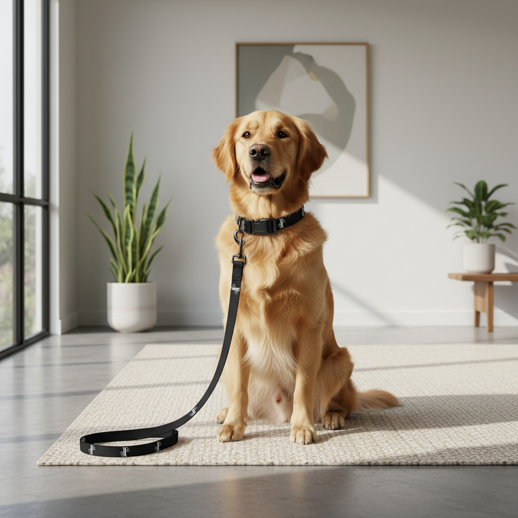 Perro con set negro y logo blanco en hogar moderno