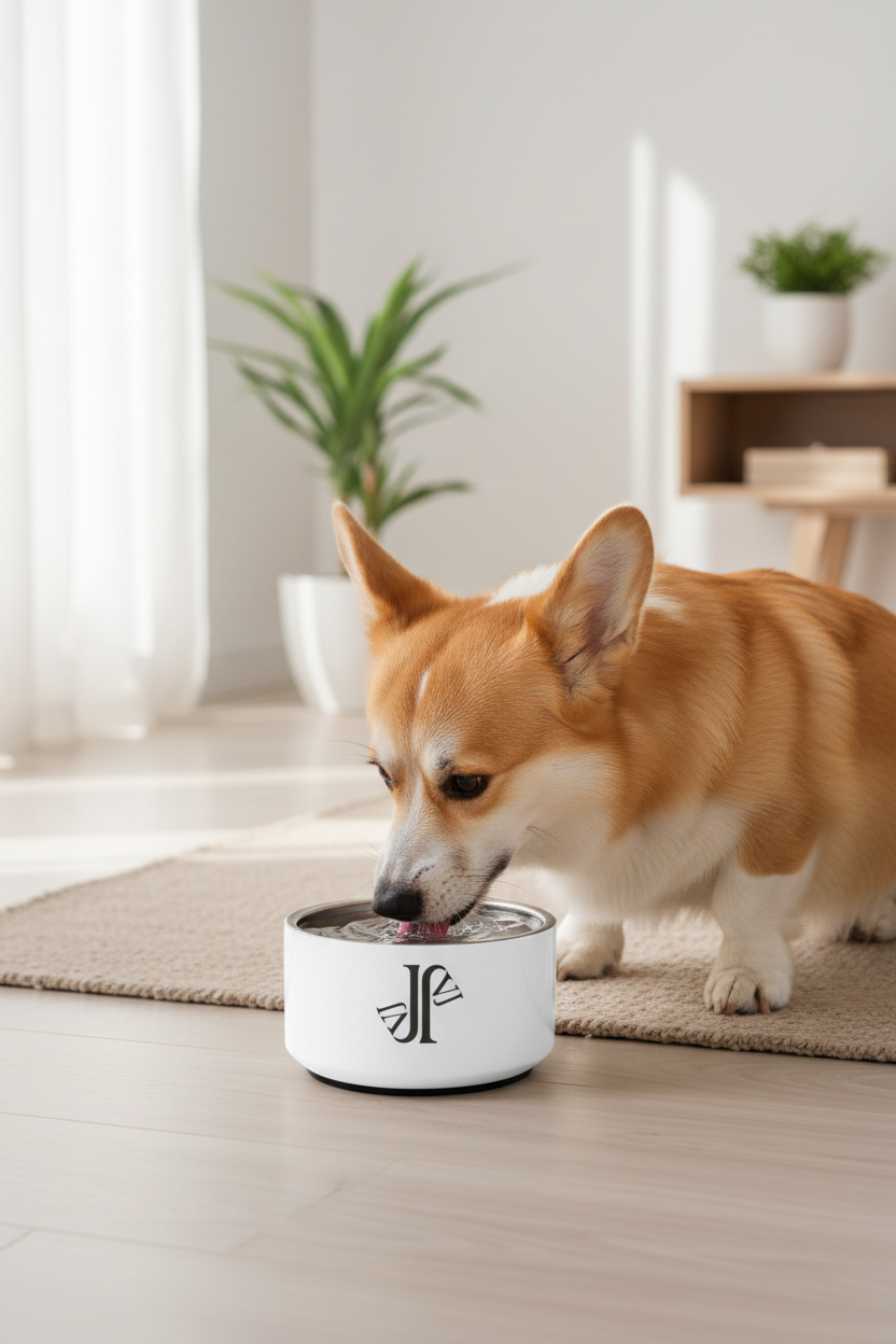 Perro pequeño bebiendo del bol premium