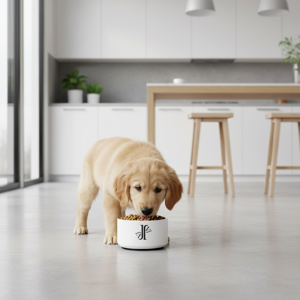 Perro usando bol premium en cocina