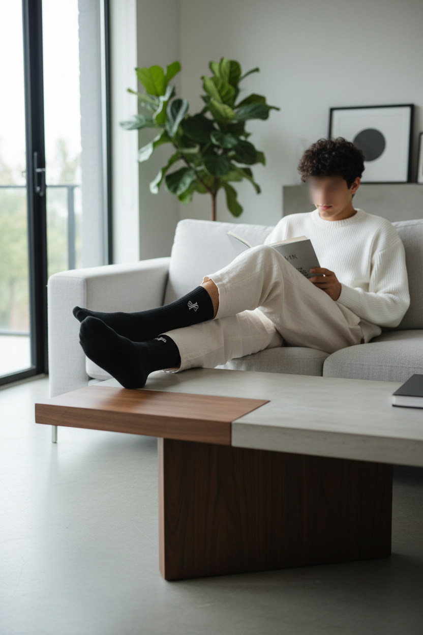 Persona con calcetines negros pose relajada