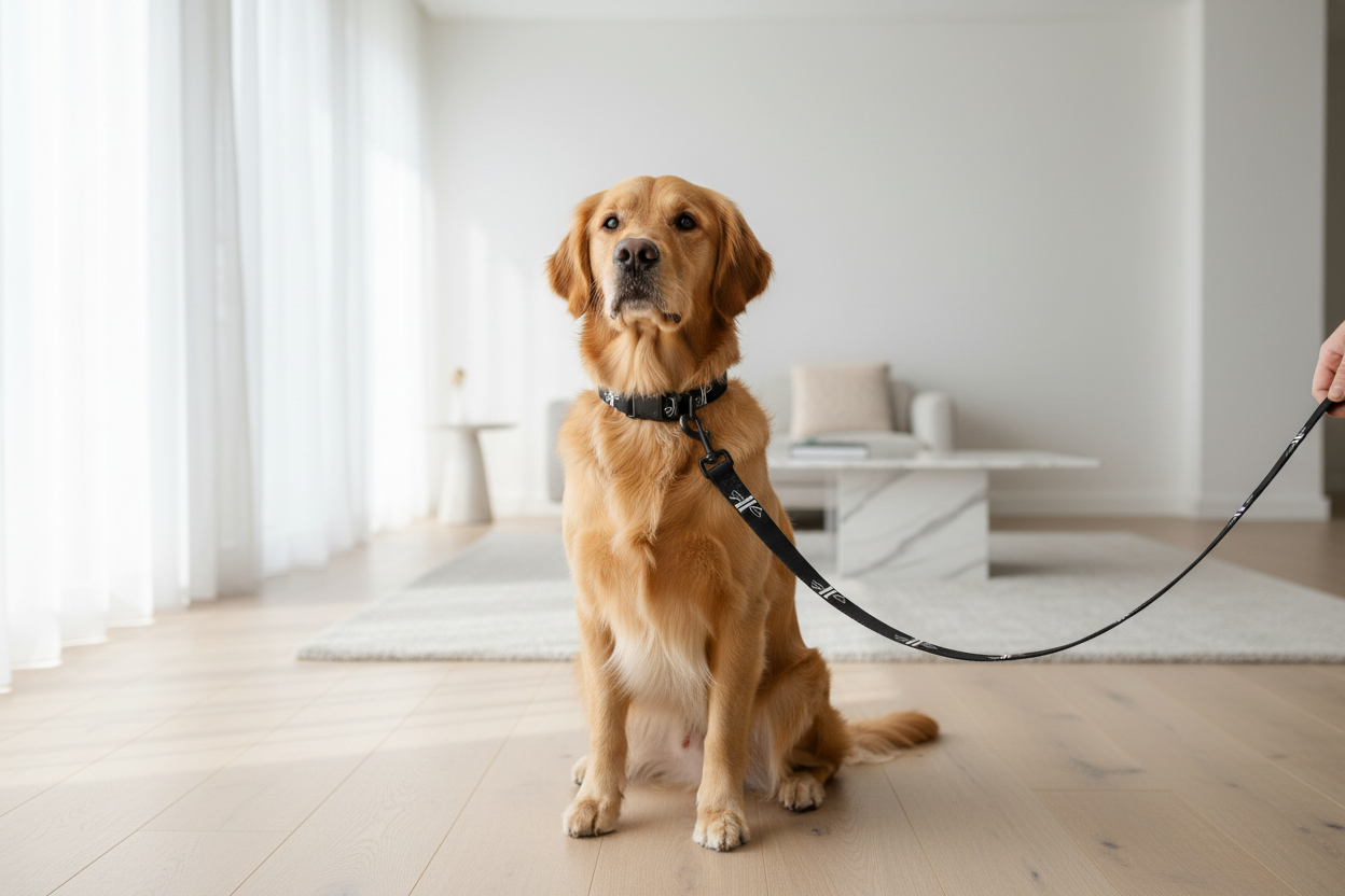 Retrato de perro con collar y correa negros con logo blanco