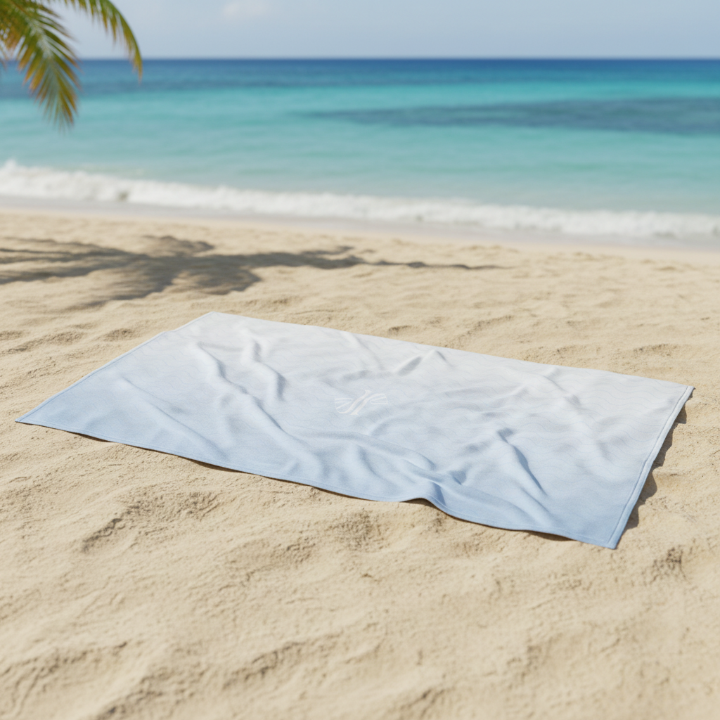 Toalla blanca en la arena con océano