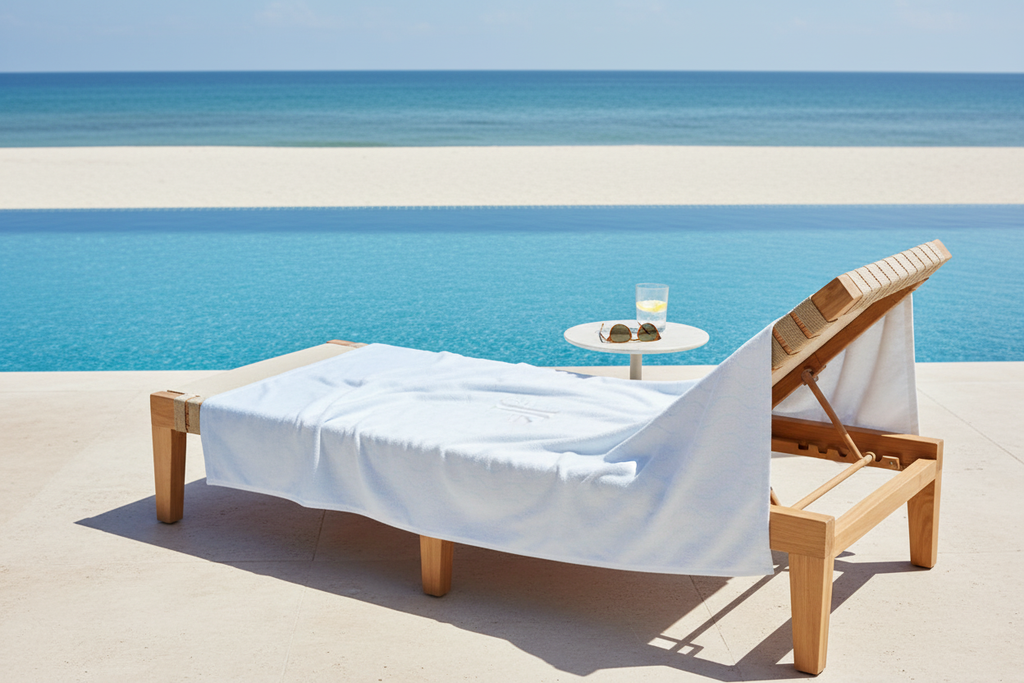 Toalla en tumbona junto a piscina o playa